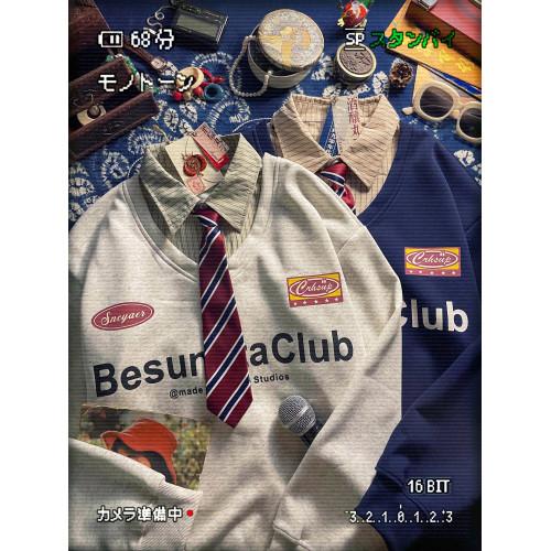 酒釀丸子ALOHA 復古小衆設計感領帶拼接假兩件套情侶裝衛衣秋冬