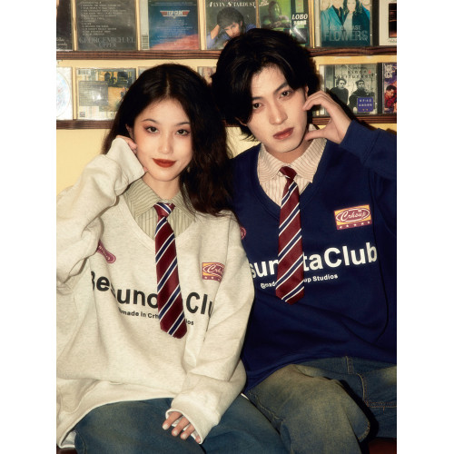 酒釀丸子ALOHA 復古小衆設計感領帶拼接假兩件套情侶裝衛衣秋冬