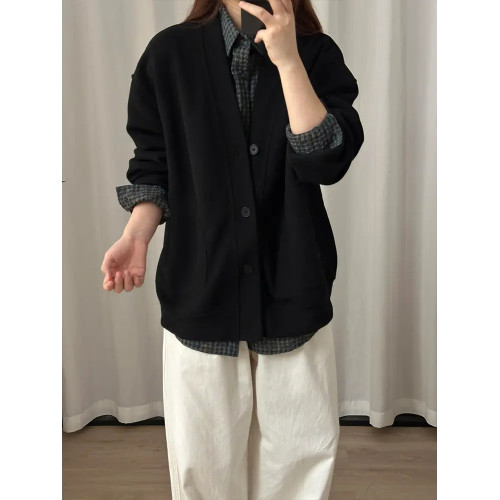 日系復古慵嬾風外套男女秋季cleanfit開衫v領衛衣高級感痞帥夾克