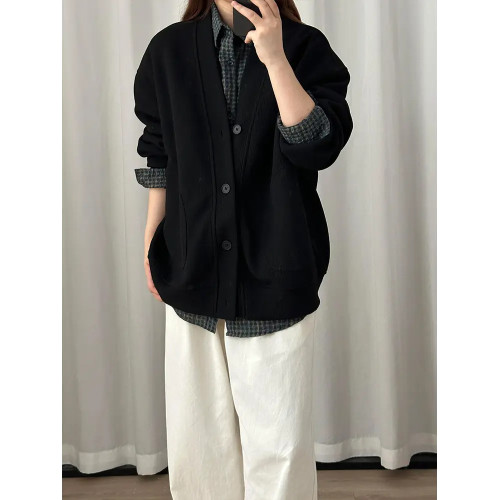 日系復古慵嬾風外套男女秋季cleanfit開衫v領衛衣高級感痞帥夾克