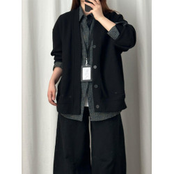 黑色日系慵懶風開衫衛衣外套男秋春穿搭cleanfit華夫格v領針織衫