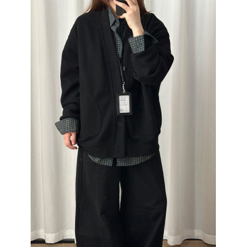 黑色日系慵懶風開衫衛衣外套男秋春穿搭cleanfit華夫格v領針織衫 黑色日系慵懶風開衫衛衣外套男秋春穿搭cleanfit華夫格v領針織衫