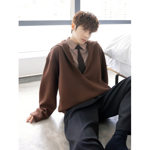 CHICERRO西西裡男裝英倫風高級設計感假兩件連帽V領衛衣男小衆潮 CHICERRO西西裡男裝英倫風高級設計感假兩件連帽V領衛衣男小衆潮