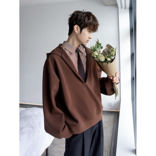 CHICERRO西西裡男裝英倫風高級設計感假兩件連帽V領衛衣男小衆潮 CHICERRO西西裡男裝英倫風高級設計感假兩件連帽V領衛衣男小衆潮