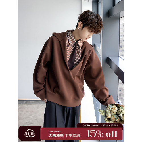 CHICERRO西西裡男裝英倫風高級設計感假兩件連帽V領衛衣男小衆潮 CHICERRO西西裡男裝英倫風高級設計感假兩件連帽V領衛衣男小衆潮