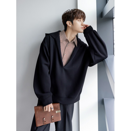 CHICERRO西西裡男裝英倫風高級設計感假兩件連帽V領衛衣男小衆潮 CHICERRO西西裡男裝英倫風高級設計感假兩件連帽V領衛衣男小衆潮