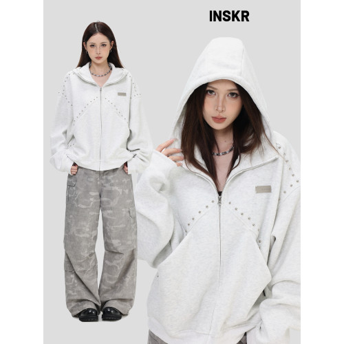 【INSKR】國潮情侶美式「拼接鉚釘拉鍊衛衣」寬鬆連帽開衫外套男