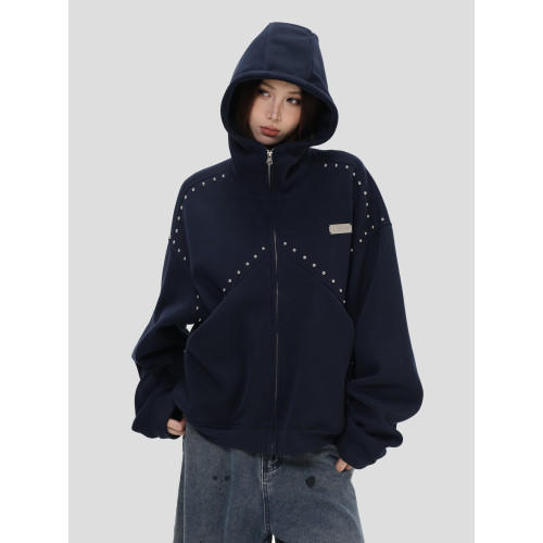 【INSKR】國潮情侶美式「拼接鉚釘拉鍊衛衣」寬鬆連帽開衫外套男