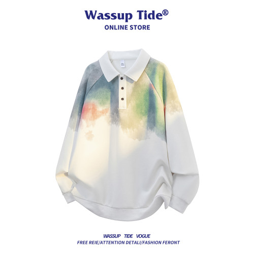 WASSUP TIDE紥染翻領長袖POLO衫男款秋冬季新款潮流寬松加絨衛衣 WASSUP TIDE紥染翻領長袖POLO衫男款秋冬季新款潮流寬松加絨衛衣