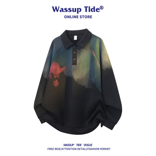 WASSUP TIDE紥染翻領長袖POLO衫男款秋冬季新款潮流寬松加絨衛衣 WASSUP TIDE紥染翻領長袖POLO衫男款秋冬季新款潮流寬松加絨衛衣