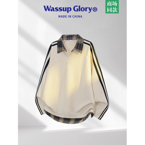 WASSUP GLORY拼接條紋衛衣男秋季美式潮牌寬鬆polo衫繙領長袖t恤