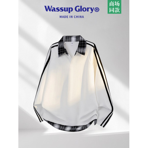WASSUP GLORY拼接條紋衛衣男秋季美式潮牌寬鬆polo衫繙領長袖t恤