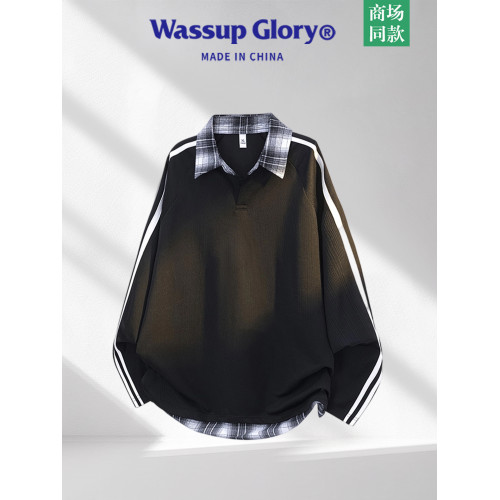 WASSUP GLORY拼接條紋衛衣男秋季美式潮牌寬鬆polo衫繙領長袖t恤