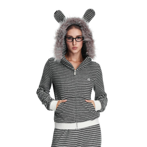 FDR氛圍感春季新款拉鍊開衫外套兔耳朵條紋毛領修身連帽衛衣女款