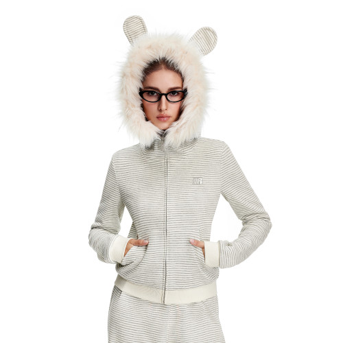 FDR氛圍感春季新款拉鍊開衫外套兔耳朵條紋毛領修身連帽衛衣女款