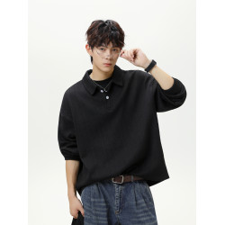 悟空有貨麥穗紋肌理感純色上衣POLO衫男復古寬松百搭情侶翻領衛衣