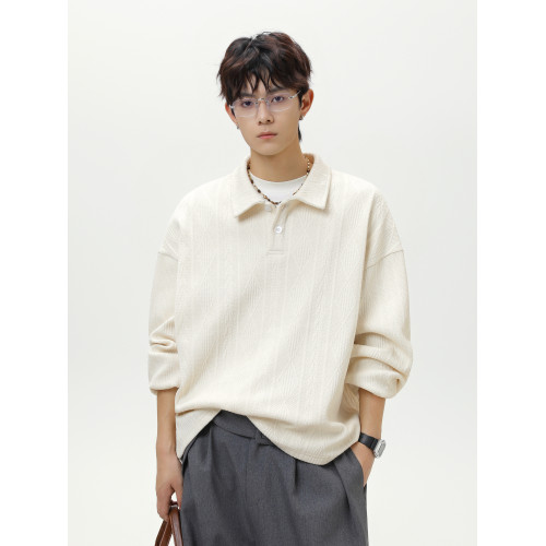 悟空有貨麥穗紋肌理感純色上衣POLO衫男復古寬松百搭情侶翻領衛衣