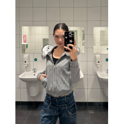 F383 美式復古毛領米字鉚釘連帽衛衣開衫男女休閒百搭短款外套ins