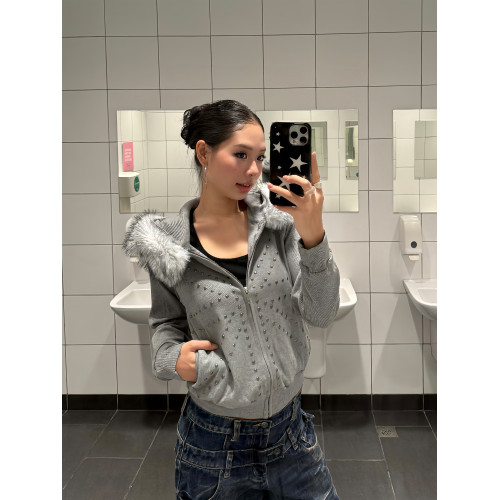 F383 美式復古毛領米字鉚釘連帽衛衣開衫男女休閒百搭短款外套ins F383 美式復古毛領米字鉚釘連帽衛衣開衫男女休閒百搭短款外套ins