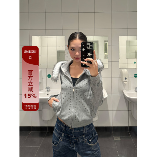 F383 美式復古毛領米字鉚釘連帽衛衣開衫男女休閒百搭短款外套ins F383 美式復古毛領米字鉚釘連帽衛衣開衫男女休閒百搭短款外套ins