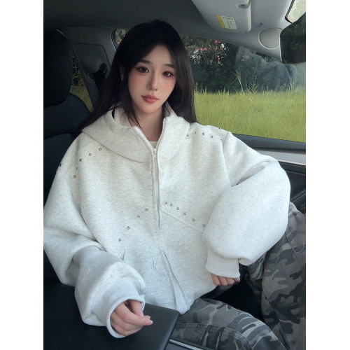 460g重磅白花灰開衫衛衣男秋冬拼接柳釘拉鍊外套設計感廓形連帽衫 460g重磅白花灰開衫衛衣男秋冬拼接柳釘拉鍊外套設計感廓形連帽衫