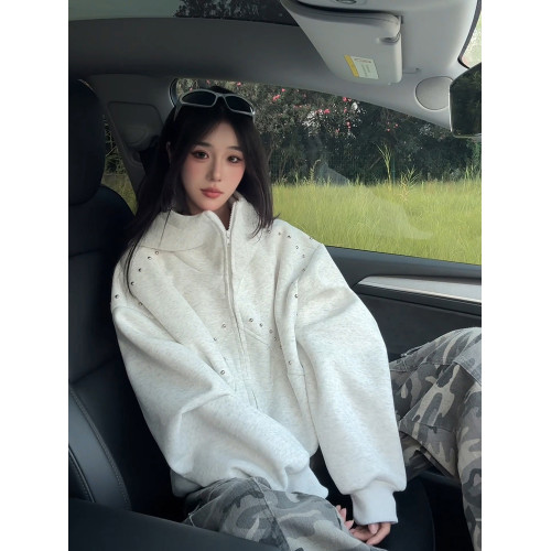 460g重磅白花灰開衫衛衣男秋冬拼接柳釘拉鍊外套設計感廓形連帽衫 460g重磅白花灰開衫衛衣男秋冬拼接柳釘拉鍊外套設計感廓形連帽衫