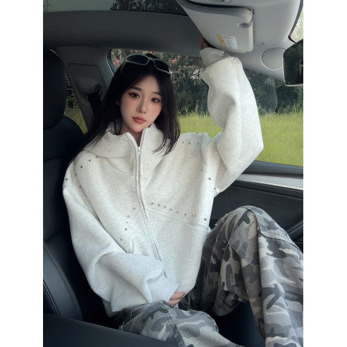 460g重磅白花灰開衫衛衣男秋冬拼接柳釘拉鍊外套設計感廓形連帽衫 460g重磅白花灰開衫衛衣男秋冬拼接柳釘拉鍊外套設計感廓形連帽衫