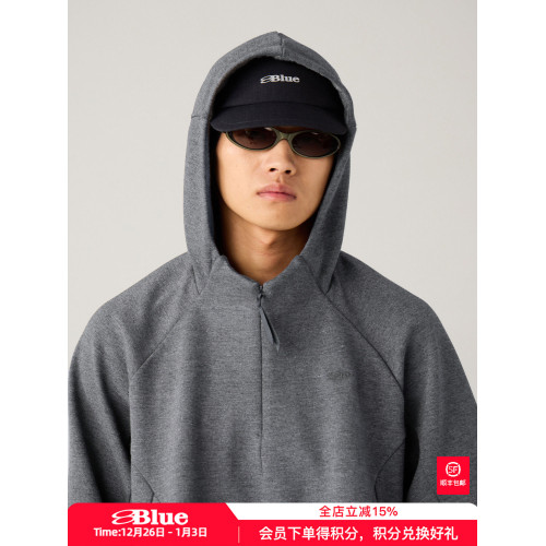 藍岐棉質柔軟親膚連帽休閒長袖幾何結搆插肩袖垂墜感半拉鍊衛衣男