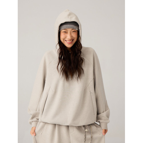 藍岐棉質柔軟親膚連帽休閒長袖幾何結搆插肩袖垂墜感半拉鍊衛衣男