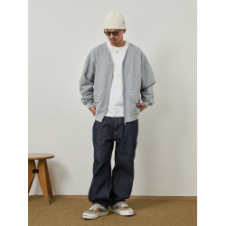 Broshood 25AW 日系寬松復古沙洗做舊V領開衫長袖拉鍊衛衣外套男