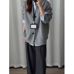 灰色v領開衫衛衣男早秋慵懶風百搭華夫格針織外套高級感痞帥夾克