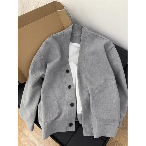 灰色v領開衫衛衣男早秋慵懶風百搭華夫格針織外套高級感痞帥夾克 灰色v領開衫衛衣男早秋慵懶風百搭華夫格針織外套高級感痞帥夾克