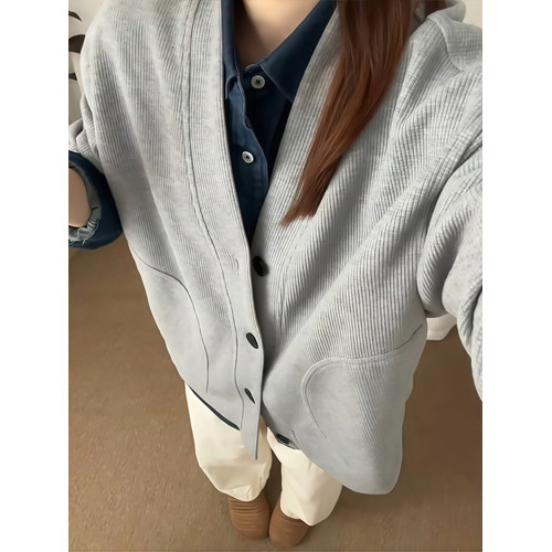 灰色v領開衫衛衣男早秋慵懶風百搭華夫格針織外套高級感痞帥夾克 灰色v領開衫衛衣男早秋慵懶風百搭華夫格針織外套高級感痞帥夾克