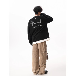 美式復古小狗撞色圓領衛衣男女秋季潮牌簡約設計感情侶休閒套頭衫