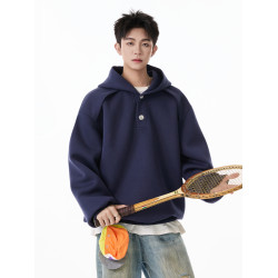 悟空有貨美式解搆紐釦半開領連帽衛衣男潮牌簡約寬松休閒運動帽衫