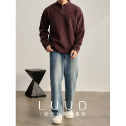 LUUD 復古老錢風男士棗紅色斜紋立領衛衣重磅550g半拉鍊長袖上衣