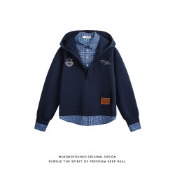 悟空有貨格子襯衫拼接假兩件連帽衛衣男美式復古學院風運動帽衫潮