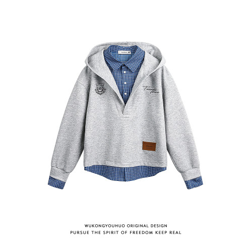 悟空有貨格子襯衫拼接假兩件連帽衛衣男美式復古學院風運動帽衫潮 悟空有貨格子襯衫拼接假兩件連帽衛衣男美式復古學院風運動帽衫潮