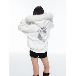 Archivum 百搭DOVE人像印花可拆卸毛領連帽套頭薄絨衛衣開衫外套