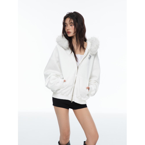 Archivum 百搭DOVE人像印花可拆卸毛領連帽套頭薄絨衛衣開衫外套 Archivum 百搭DOVE人像印花可拆卸毛領連帽套頭薄絨衛衣開衫外套