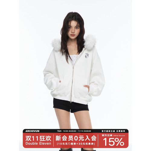 Archivum 百搭DOVE人像印花可拆卸毛領連帽套頭薄絨衛衣開衫外套 Archivum 百搭DOVE人像印花可拆卸毛領連帽套頭薄絨衛衣開衫外套