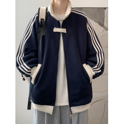 真維斯美式拼接立領開衫衛衣男秋季青少年寬松痞帥條紋棒球服外套