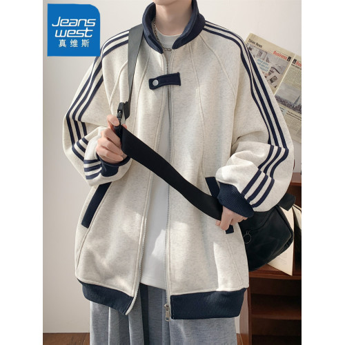 真維斯美式拼接立領開衫衛衣男秋季青少年寬松痞帥條紋棒球服外套 真維斯美式拼接立領開衫衛衣男秋季青少年寬松痞帥條紋棒球服外套