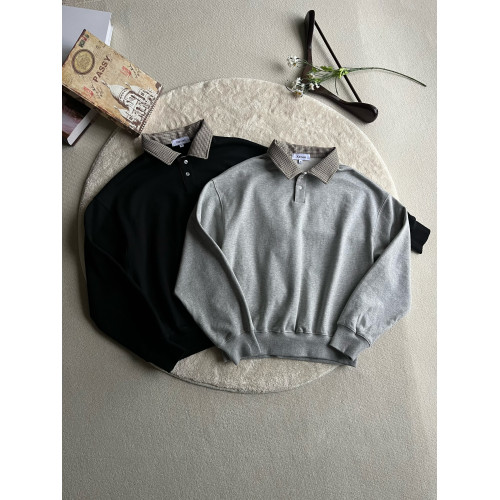 Xanvas千鳥格450g液氨空氣棉polo領紐釦衛衣花灰黑色套頭翻領老錢 Xanvas千鳥格450g液氨空氣棉polo領紐釦衛衣花灰黑色套頭翻領老錢