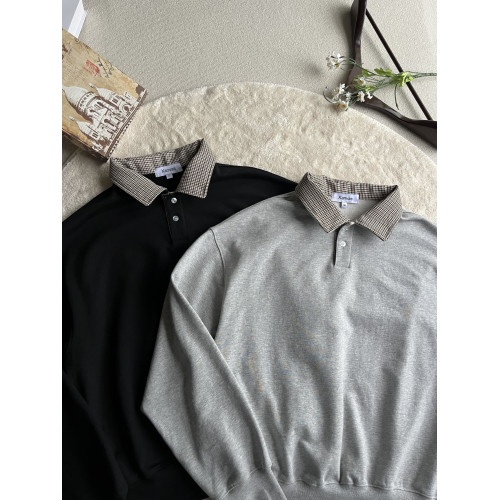 Xanvas千鳥格450g液氨空氣棉polo領紐釦衛衣花灰黑色套頭翻領老錢 Xanvas千鳥格450g液氨空氣棉polo領紐釦衛衣花灰黑色套頭翻領老錢