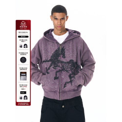 Fourth3ex 25FW 手繪刺綉戰馬連帽衛衣外套男秋季水洗做舊帽衫