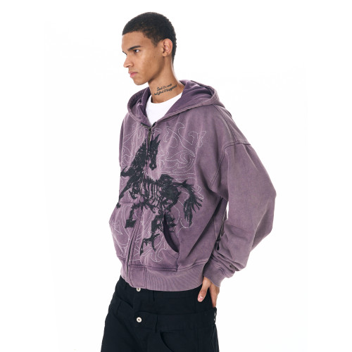 Fourth3ex 25FW 手繪刺綉戰馬連帽衛衣外套男秋季水洗做舊帽衫 Fourth3ex 25FW 手繪刺綉戰馬連帽衛衣外套男秋季水洗做舊帽衫