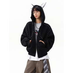 設計感鉚釘拼接杜賓犬耳連帽衛衣男女秋季潮小衆百搭重磅情侶外套