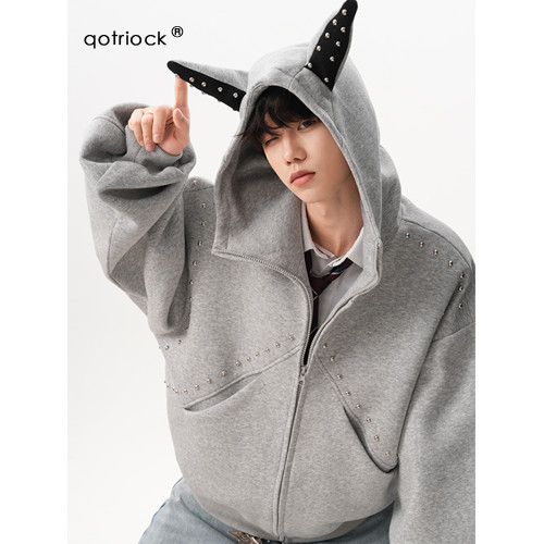 設計感鉚釘拼接杜賓犬耳連帽衛衣男女秋季潮小衆百搭重磅情侶外套 設計感鉚釘拼接杜賓犬耳連帽衛衣男女秋季潮小衆百搭重磅情侶外套