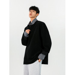 悟空有貨潮牌格子假兩件拼接翻領衛衣男復古寬松情侶百搭POLO上衣